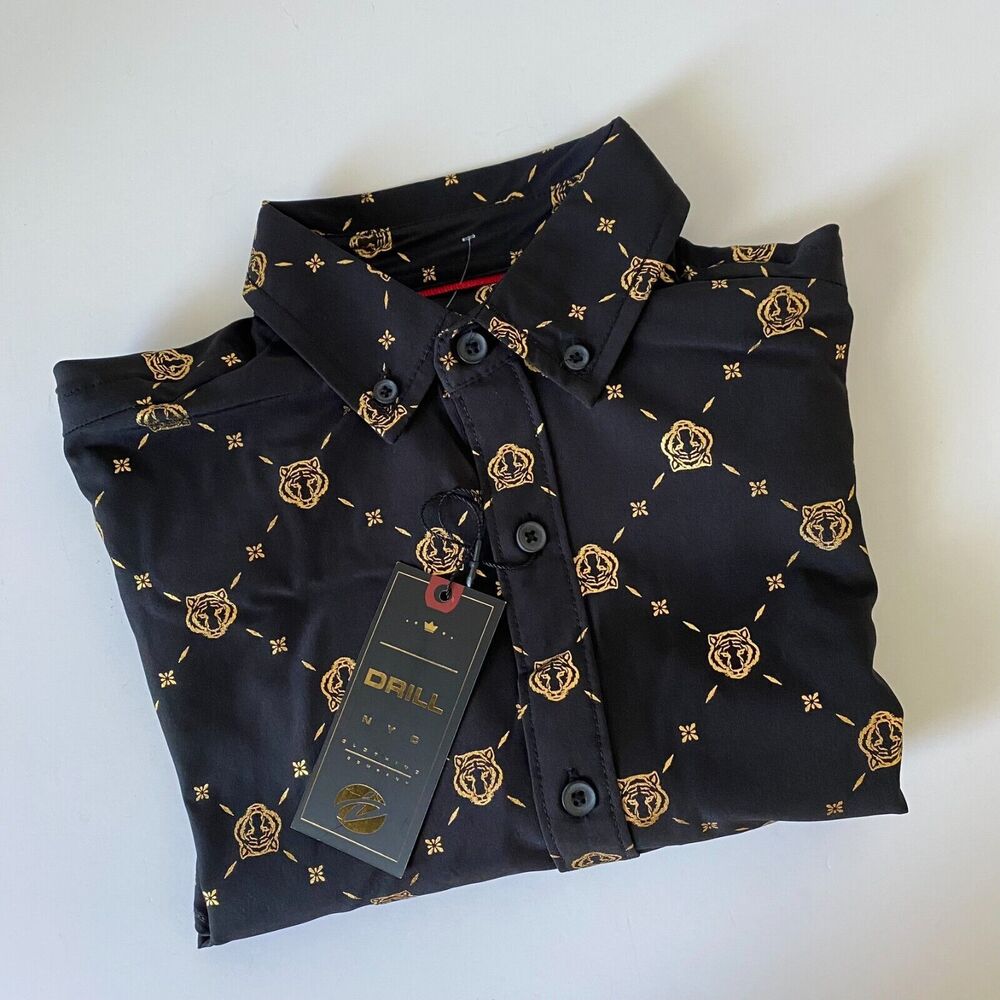 DRILL‎ CLOTHING co. Button Down Shirt Mens Sz Small Black & Gold Short Sleeve